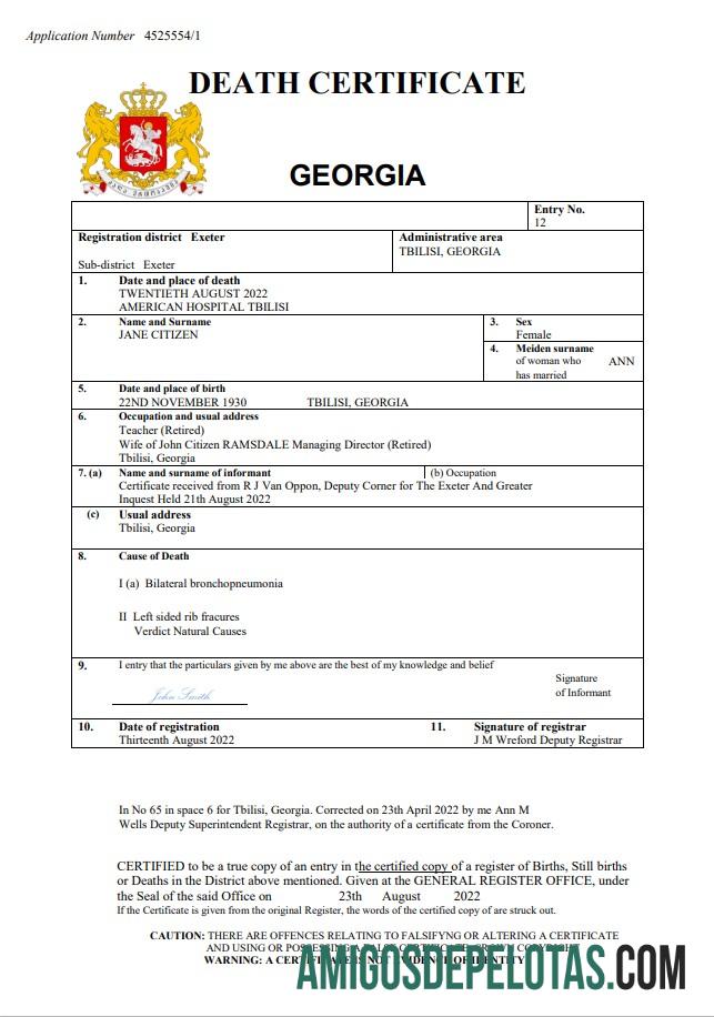 Certidão de óbito do registro vital da Geórgia, palavra e PDF modelo